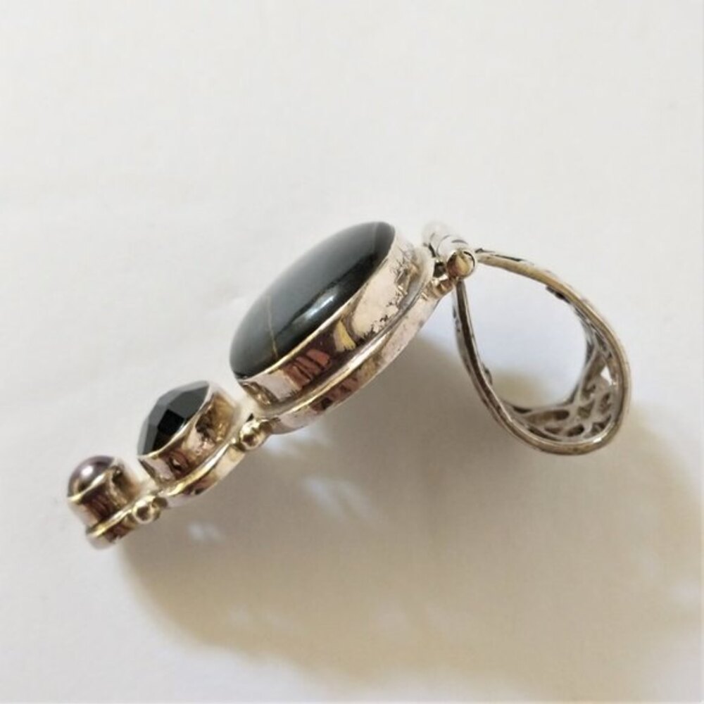 Vintage Sterling Silver 925 Large Pendant Stone Onyx Pearl Triple Drop Statement - Picture 6 of 12